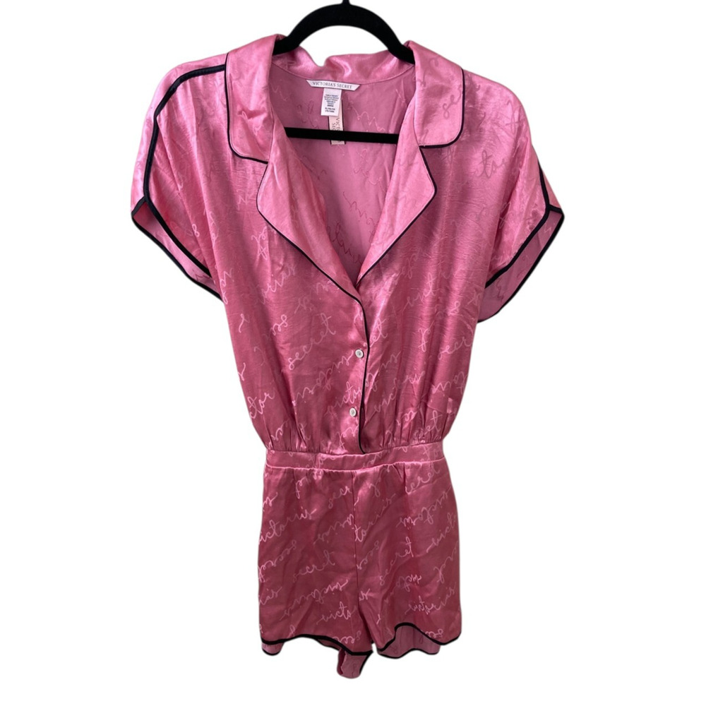 Victoria’s Secret NEW Satin Sleep Romper XL Pink Logo Pajama One-Piece